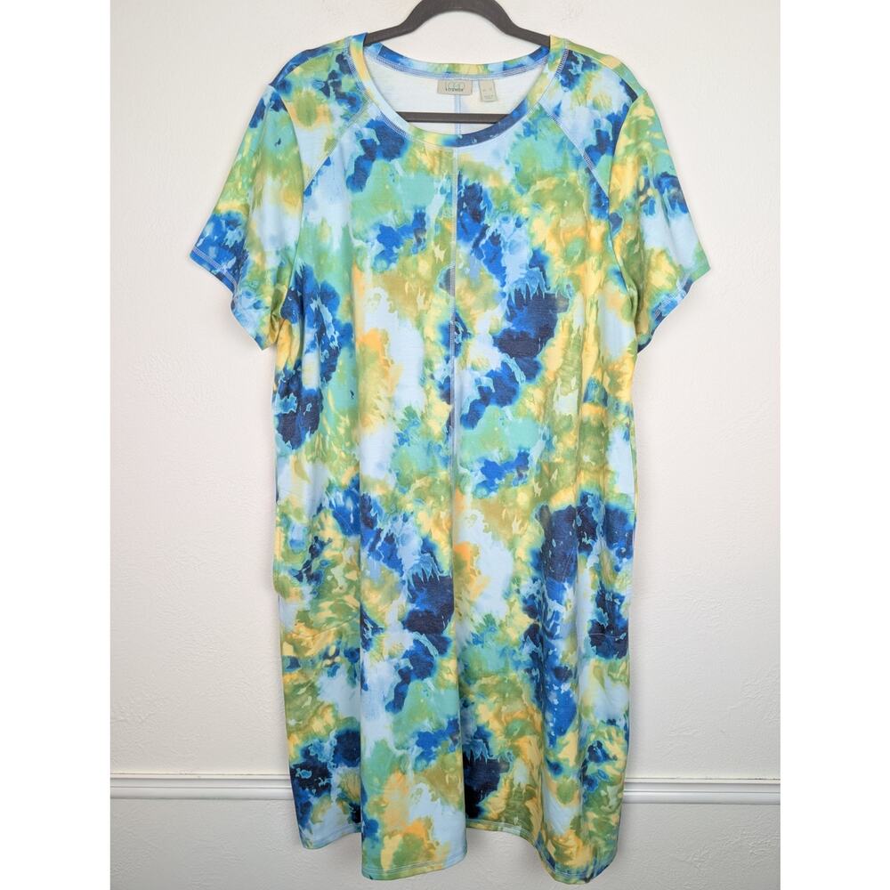 LOGO Lori Goldstein Dress French Terry Tee Tie Dye Boho Blue Green Size XL